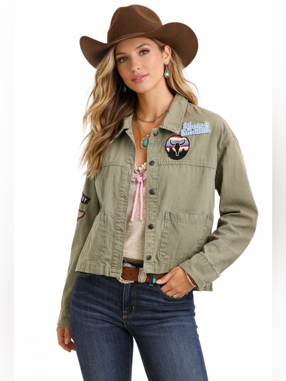 Idyllwind Womens Boho Cotton Patchwork Military Snap Jacket Small Green Khaki